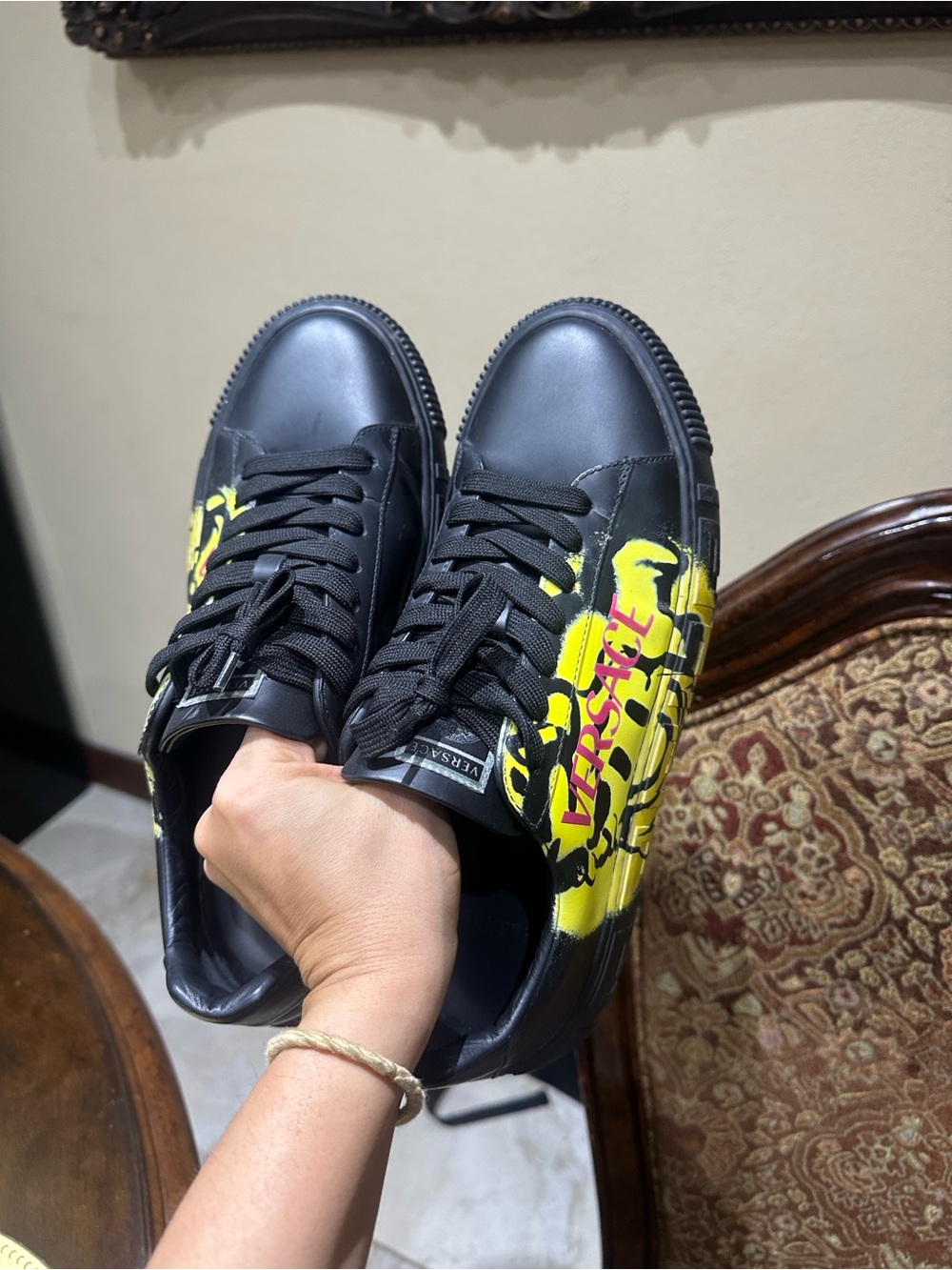 Dolce & Gabbana Black Leather Sneakers with Yellow Graphic 42